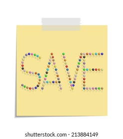 design of a post with push pins forming the word save 