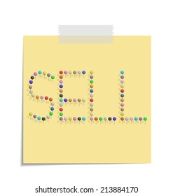 design of a post with push pins forming the word sell 