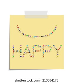 design of a post with push pins forming the word happy 