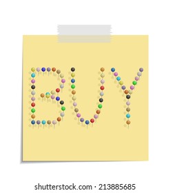 design of a post with push pins forming the word buy 