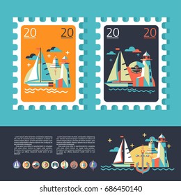 Design a postage stamp. Sea voyage on a yacht. The icons set.