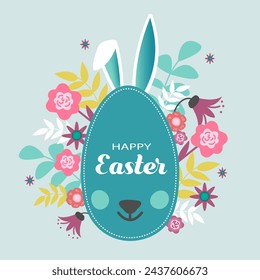Design for postcard, banner, invitation for Easter. A blue egg with ears and a bunny face. There is a flower arrangement in the background. The inscription on the egg Happy Easter