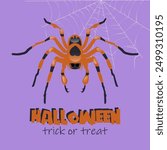 Design of a postcard, banner, poster for a Halloween event. Orange scary tarantula spider on purple background