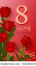 Design of a postcard from March 8 with red roses.Vector illustration.