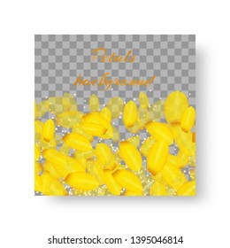 Design of a postcard mockup with falling petals of flowering crocuses on a transparent background