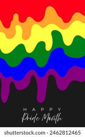 Design for postcard, poster for pride month. Liquid smooth lines look like drips in the bright colors of the LGBT flag. Dark background and Happy Pride Month text below