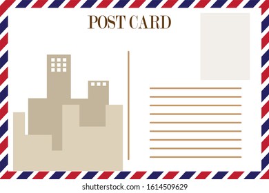 Design a postcard with red and blue edges. There are pictures of buildings