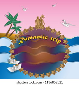 Design for a postcard. A romantic trip for two lovers. The sea, palm trees, seagulls, love. Vector.