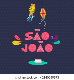 Design of postcards and posters for the celebration of the feast of St. John. Text in Portuguese São João - Saint John. Vector illustration of flashlights and a hat.