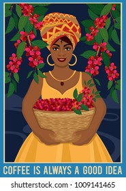 Design of a poster with african woman with a basket harvests coffee beans. Coffee farmer picking red coffee beans on coffee tree.