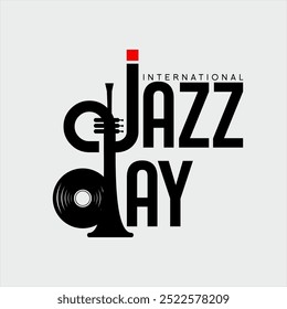 Design para cartaz, banner comemorando o Dia Internacional do Jazz com disco de vinil e trompete na letra D.