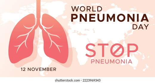 Design Poster or Banner and flyer of World Pneumonia Day. Human lungs. pulmonology of human, earth map background, fibrosis, tuberculosis, bronchitis, cancer. pink lungs. Illustration vector design.