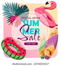 Design of poster, banner, stickers, leaflets for summer discounts and sales. Swimming toys, surfboards, tropical plants.