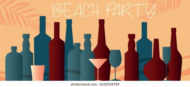 Design poster for a bar, drink party on the beach, collection of bottles and glasses, against the background of palm trees. Drinking wine, cocktail, chardonnay, merlot, whiskey, flat design