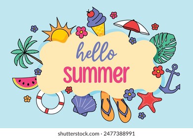 Design of a poster with beach symbols. Summer background. Vector illustration