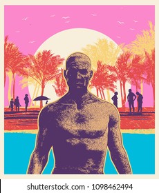 Design Poster Beach Vacation With A Middle-Aged Athletic Man, Silhouettes of People, Palms and Sun. Vector Illustration.