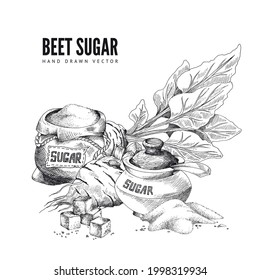 Design Of Poster With Beet Sugar - Beetroot, Cubes Refined Sugar, Sack And Sugar Bowl Full Of Sweet Crystal Powder Natural Food Sweetener. Vector Illustration In Engraved Style.