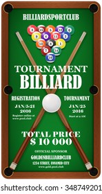 Design Poster. Billiard Tournament. Billard Balls And  Cue In A Pool Table. Vector Illustration. EPS 10