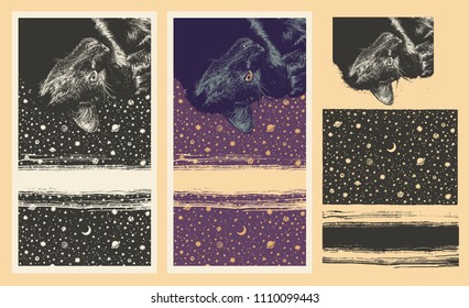 Design Poster With The Black Cat And Night Sky. Space With Stars And Planets. Decorative background with place for your text. Vector Illustration.