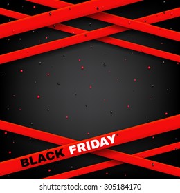 Design of poster of Black Friday sale vector illustration. Vector background of sale with red ribbon, red and black confetti and place for text.
