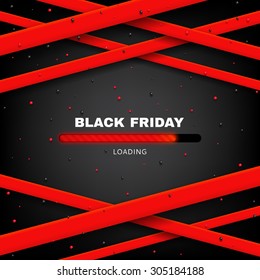 Design of poster of Black Friday sale with loading bar vector illustration. Vector background of sale with red ribbon, red and black confetti and place for text.