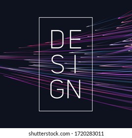 Design poster or card with big typography in frame and abstract futuristic lines on dark backdrop, bright graphic element