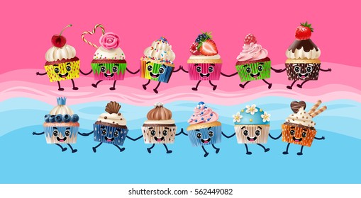 Design a poster with cartoon characters cupcakes