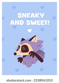 Design de cartaz com frase cômica e guaxinim louco com patas bonitas. Baby racoon com emoções raivosas no focinho divertido no modelo de cartão. Engraçado animal da floresta é louco, furioso. Ilustração de vetor plano