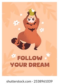 Design de cartaz com frase cômica e guaxinim bonito alcançando para maçã com patas. Baby racoon com comida nas mãos no modelo de cartão. Divertido animal de floresta se diverte, tira frutos. Ilustração de vetor plano