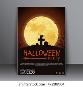 Design a poster (flyers, cover) on Halloween night with orange sky and a cemetery on a hill. Vector illustration