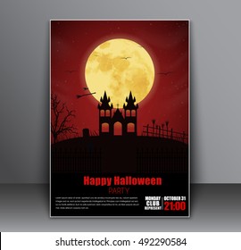 Design a poster (flyers, cover) on Halloween night with red sky, and witches castle on the hill. Vector illustration