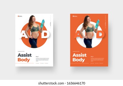 Design a poster with a girl in a circle in the center on a red and white background, for the presentation of a healthy lifestyle, for sports. Vector flyer template. Blurry image for example.
