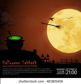 Design a poster for Halloween parties. Template with a dark red sky and the moon, the bowler with the green potion and a flying witch on a broomstick invisible. Vector illustration