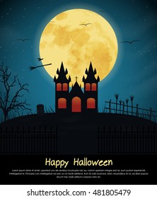 Design a poster for Halloween parties. Template with a blue night sky and the moon, the castle on the hill and flying invisible witch on a broomstick. Vector illustration