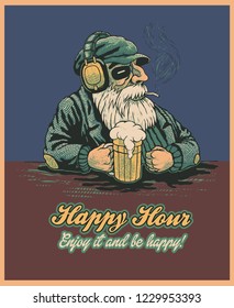 Design Poster Happy Hour with Bearded Old Man In A Bar Listening To Music And Drink Beer. Cartoon Character. Vector Illustration.