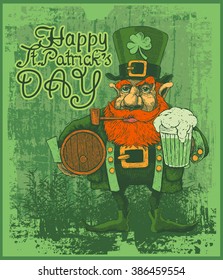 Design poster "Happy St. Patrick`s Day" with leprechaun with hat, beard, smoking pipe and pin of beer. engraved style. vector illustration