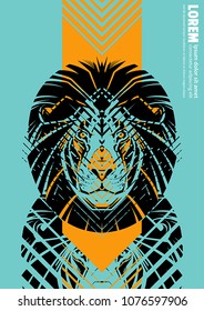 Design poster with a lion's head in the form of modern graphics