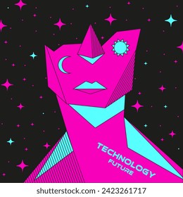 Design poster with neon Cyberpunk Geometric celestial person on black background. Cyber concept. Technology future banner Vector illustration can use web social media design EPS 10