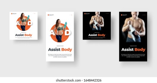 Design Poster On A Black And White Background, With A Woman And A Man, On The Theme Of Sports And Nutrition. Banner Template With Personal Trainer And Nutritionist. Flyer For Stories And Post.