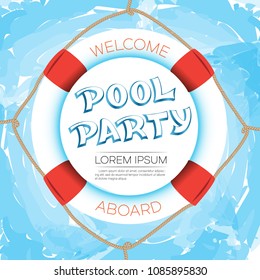 Design of a poster for a pool party. Use this vector image as an invitation, leaflet, banner, postcard or advertisement.  Good for hotels with animation, tourist ships, beach bars and discos.