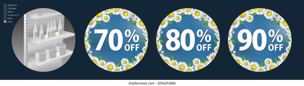 The design of the poster for the promotion is a spring sale of bright daisies on a sky blue background. Discount of 70, 80, 90 percent. Spring template for your design, cards, invitations, posters