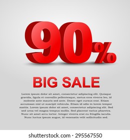 Design a poster for sale. 3D text with 90% percent discount. Vector illustration