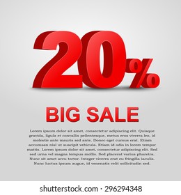 Design a poster for sale. 3D text with 20% percent discount. Vector illustration