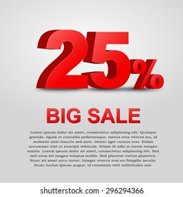 Design a poster for sale. 3D text with 25% percent discount. Vector illustration