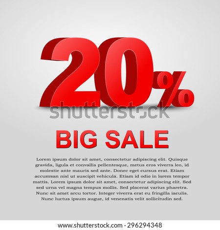 Design a poster for sale. 3D text with 20% percent discount. Vector illustration