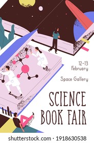 Design Of Poster With Science Book Fair Announcement. Template Of Flyer For Scientific Literature Festival. Vertical Banner With Place For Text. Colored Flat Vector Illustration On White Background