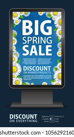 The design of the poster sitylite for the promotion is a spring sale of bright daisies on a sky blue background. Spring template for your design, cards, invitations, posters. Vector illustration