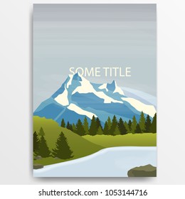 Design poster. Snowy mountains, green meadows with pine forest and a river. Vector.