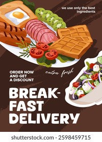 Design of poster with special offer in cafe. Template of advertising card of fast delivery of food from restaurant. Layout with eating, meals: salad, English breakfast. Flat vector illustration