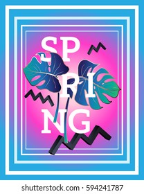 Design poster in style 80s, 90s. Bright colorful pink background. Collage with volume zigzags in the perspective and leaf of monstera . Memphis style. Bronze outline. Vector. Spring poster.